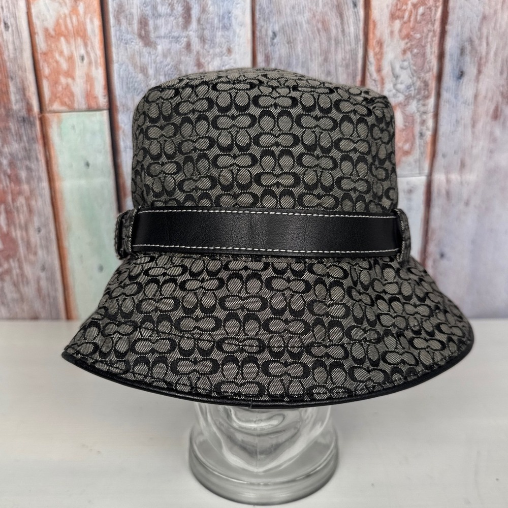 Coach Signature Monogram Bucket Hat Black Gray Leather Trim Buckle P/S